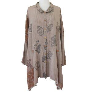 vtg 80s VISUAL PROFESSIONAL: crinkle pleat printed flared top One Size Lagenlook